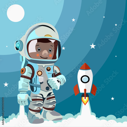 Space astronaut. Planets and, spaceman, sun and stars. Human discovery galaxy travel flight cosmonaut, explore cosmos. Spacesuit with helmet for spaceflight. Vector cartoon flat trip interstellar