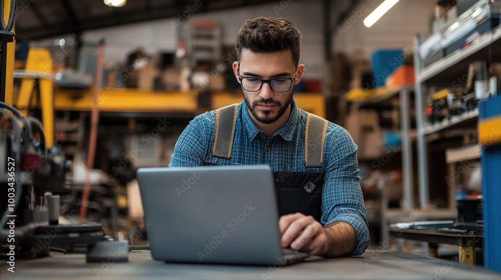 Young Man Working on Laptop in Workshop Environment Young Man Working on Laptop in Workshop Environment