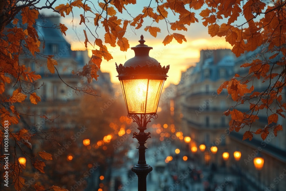 Autumn Leaves Illuminate Historic Parisian Architecture Beneath a Vintage Street Lamp's Warm Glow Autumn Leaves Illuminate Historic Parisian Architecture Beneath a Vintage Street Lamp's Warm Glow