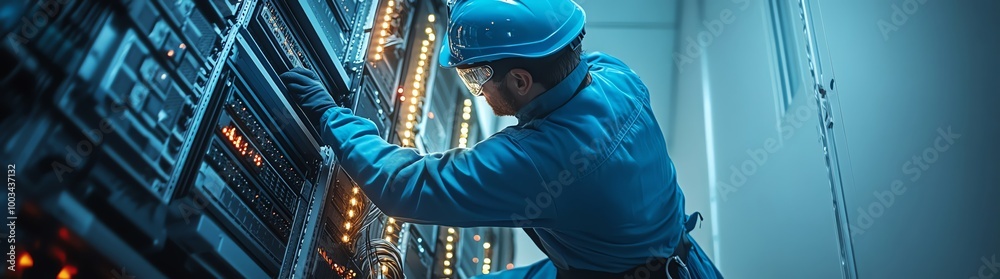 An engineer in a blue uniform working on a server rack with wires and equipment, a close-up shot from above An engineer in a blue uniform working on a server rack with wires and equipment, a close-up shot from above