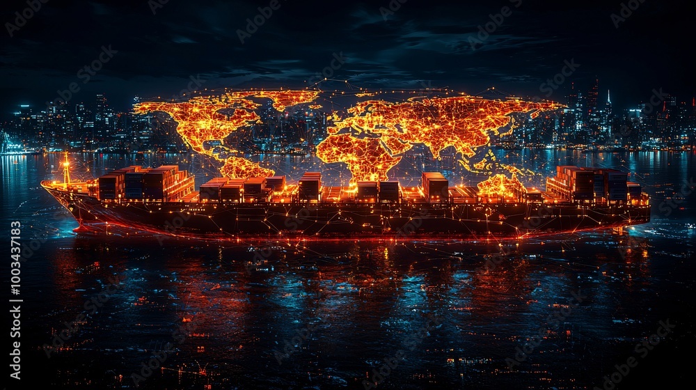 A world map illuminated with AI technology shows container ships navigating optimized international shipping routes A world map illuminated with AI technology shows container ships navigating optimized international shipping routes