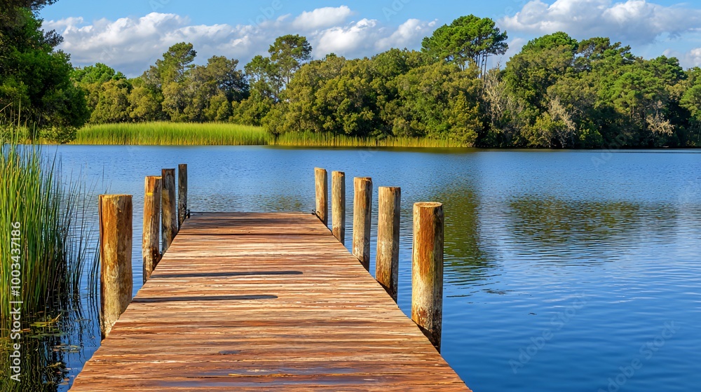 Naklejka premium Wooden dock leading to a calm lake with lush green trees and blue sky.