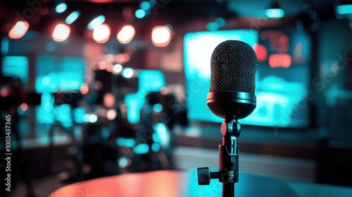 Journalist's Microphone at News Desk