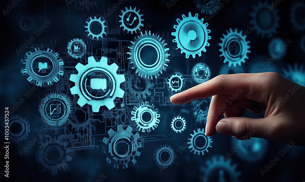 A hand pointing at gears on the screen A hand pointing at gears on the screen