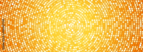 Radial gold disco party pattern. Yellow square sequin mosaic texture background. Abstract golden shining glitter halftone wallpaper. Pop up comic sparkling glitter backdrop. Vector 