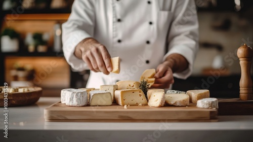A chef arranges a selection of different types of cheeses on a wooden cutting board.