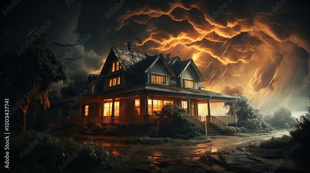 A solitary house stands illuminated under a dramatic storm sky, rain cascading down as the clouds swirl overhead. A solitary house stands illuminated under a dramatic storm sky, rain cascading down as the clouds swirl overhead.