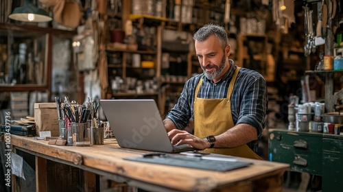 Craftsman Working in Workshop with Laptop