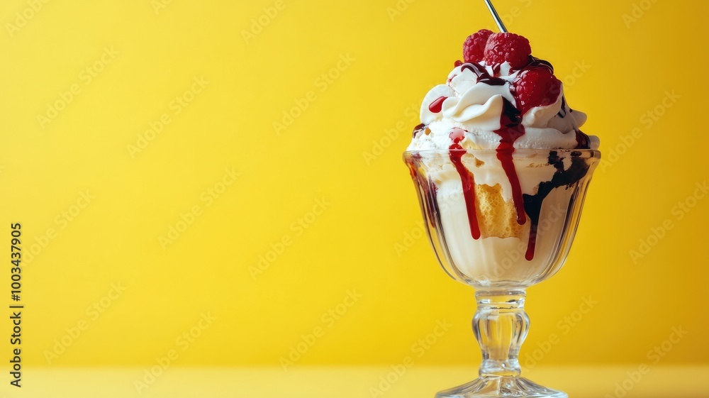 Sundae with whipped cream, berries, and syrup in glass cup Sundae with whipped cream, berries, and syrup in glass cup