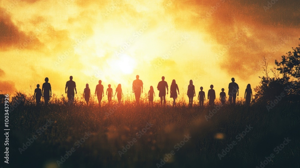 Fototapeta premium Group of people walking towards sunset on grassy field