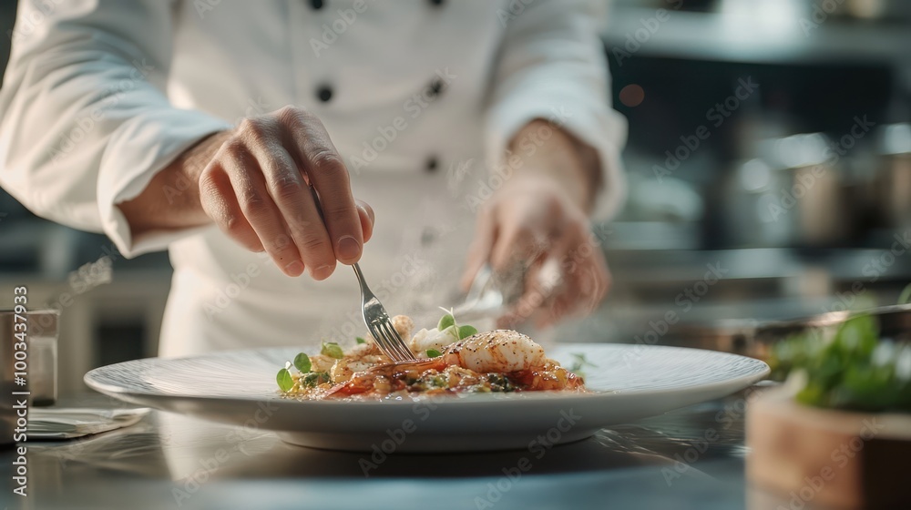 A chef carefully plates a delicious-looking dish of seafood and vegetables, garnished with fresh herbs and a drizzle of sauce. A chef carefully plates a delicious-looking dish of seafood and vegetables, garnished with fresh herbs and a drizzle of sauce.