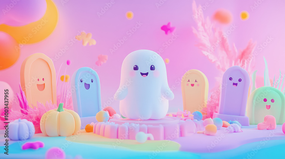 3D cute ghosts with pastel swirls popping out of vibrant graves, surrounded by floating stars and soft Halloween decorations on a light background. 3D cute ghosts with pastel swirls popping out of vibrant graves, surrounded by floating stars and soft Halloween decorations on a light background.