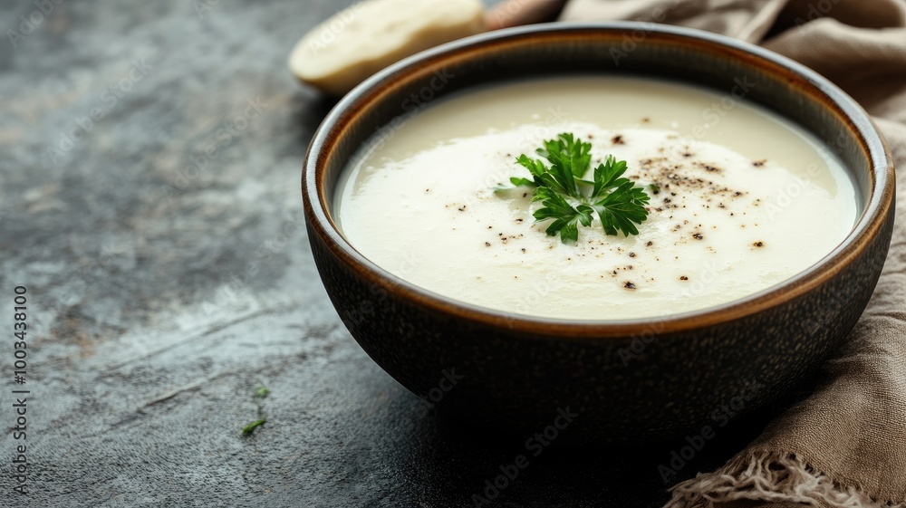 Creamy cauliflower soup garnished with parsley and black pepper Creamy cauliflower soup garnished with parsley and black pepper