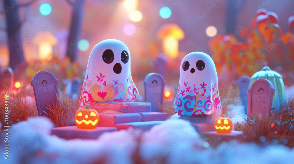 Fototapeta premium Sweet little ghosts emerge from vibrant graves, surrounded by soft Halloween decorations, creating a playful and light scene.