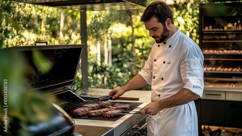 A chef in a white coat grills steaks on a gas grill in a backyard.