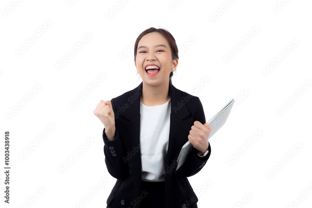 Portrait young asian businesswoman in suit celebrating success while holding a laptop isolated white background, business woman holding notebook expression with achievement and winning. Portrait young asian businesswoman in suit celebrating success while holding a laptop isolated white background, business woman holding notebook expression with achievement and winning.