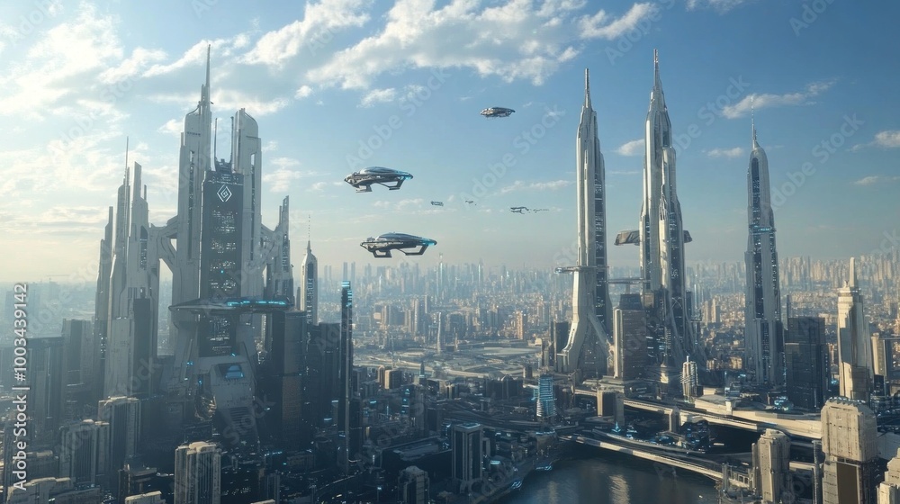 Naklejka premium Futuristic Cityscape with Flying Cars