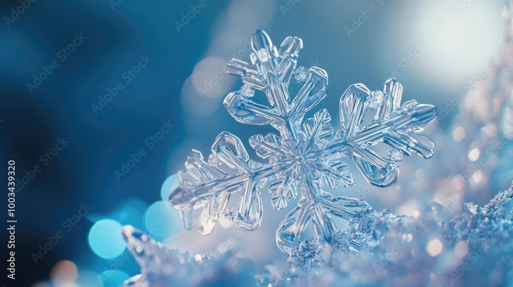 A close-up view of a delicate snowflake with intricate patterns, shimmering against a soft blue background, capturing winter's beauty. A close-up view of a delicate snowflake with intricate patterns, shimmering against a soft blue background, capturing winter's beauty.