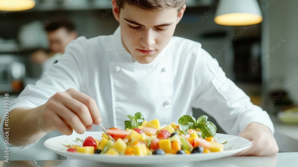 A chef in a white uniform carefully arranges a fruit salad on a white plate in a kitchen. A chef in a white uniform carefully arranges a fruit salad on a white plate in a kitchen.