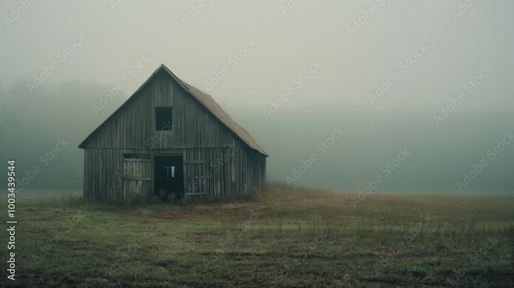 Foggy Morning with Old Wooden Barn in Rural Landscape. Foggy Morning with Old Wooden Barn in Rural Landscape.