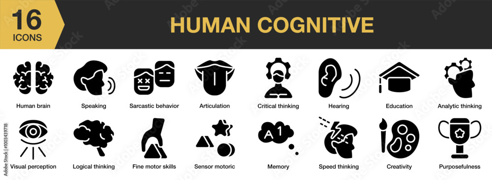 Human Cognitive solid icon set. Includes speed thinking, speaking, memory, logical, purposefulness, and More. Solid icons vector collection. Human Cognitive solid icon set. Includes speed thinking, speaking, memory, logical, purposefulness, and More. Solid icons vector collection.