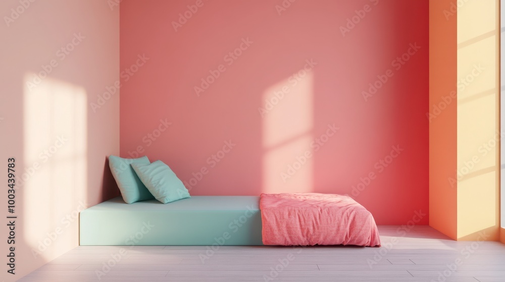Mock up frame in a bare empty room with soft coral walls and a colorful twin bed Mock up frame in a bare empty room with soft coral walls and a colorful twin bed