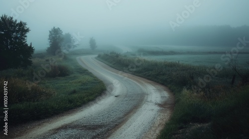 Foggy rural dirt road winding through a misty landscape, atmospheric countryside scene.