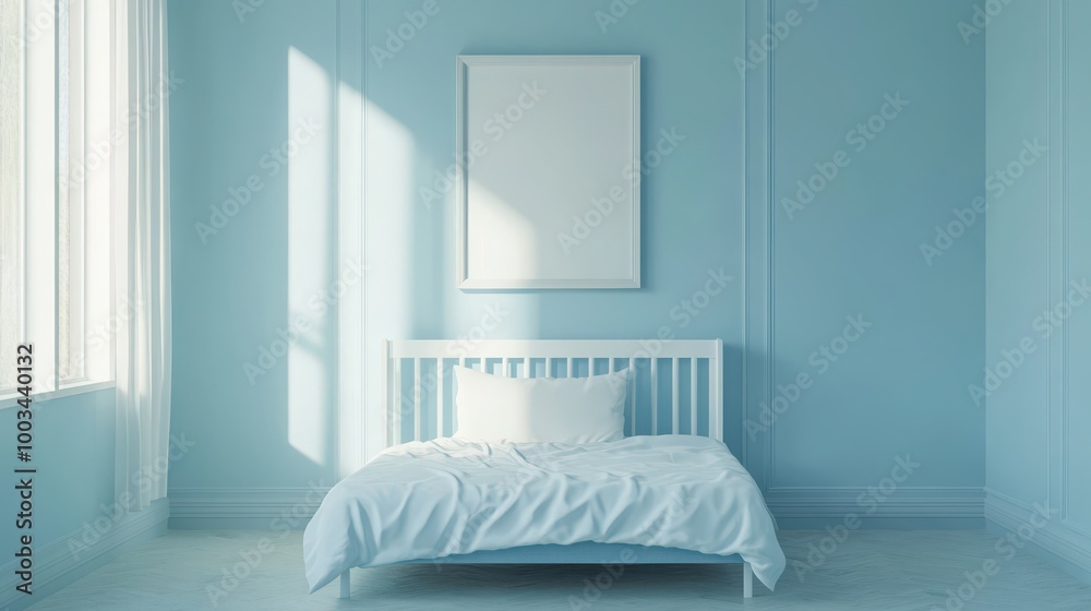Mock up frame in a clean empty room with soft blue walls and a simple toddler bed, 3D render Mock up frame in a clean empty room with soft blue walls and a simple toddler bed, 3D render