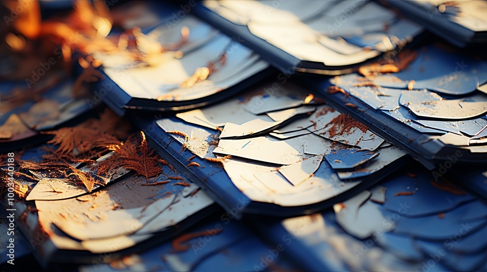 A Close-Up of Weathered Metal Tiles with Dried Leaves and Dust, Showing the Passage of Time and the Beauty of Imperfection A Close-Up of Weathered Metal Tiles with Dried Leaves and Dust, Showing the Passage of Time and the Beauty of Imperfection