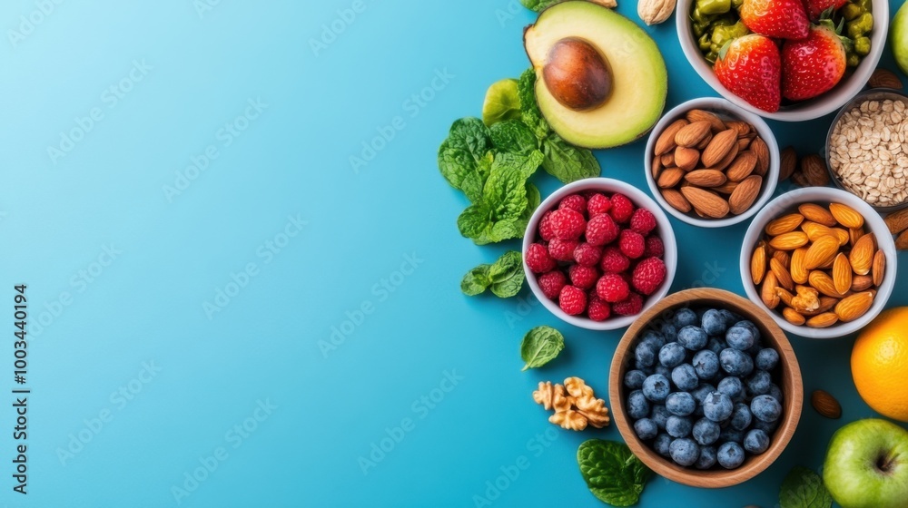 Fresh and Healthy Food Arrangement on Blue Background Fresh and Healthy Food Arrangement on Blue Background