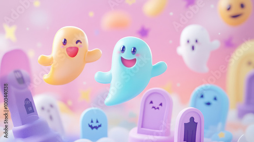 Colorful 3D ghosts with happy expressions floating above pastel graves, set against a soft light background filled with Halloween designs.