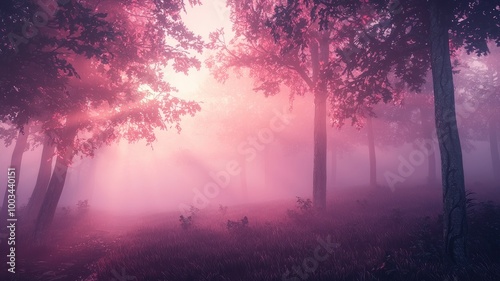 A Misty Forest bathed in Pink Light, with Sunbeams piercing the Fog