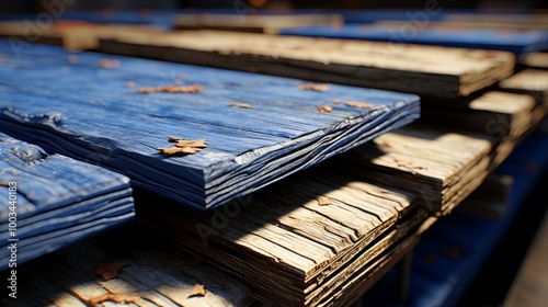 Stack of Blue-Painted Wood Planks with Dried Leaves, Showing the Detail of the Wood Grain and the Subtle Texture of the Paint