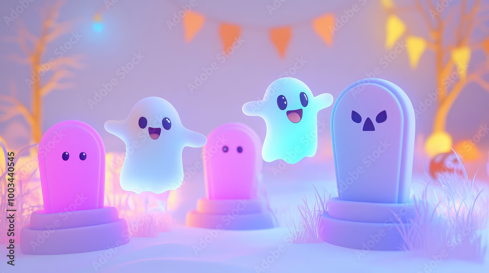 Fototapeta premium Happy 3D ghosts with large eyes float over pastel graves, surrounded by whimsical Halloween elements in soft tones.