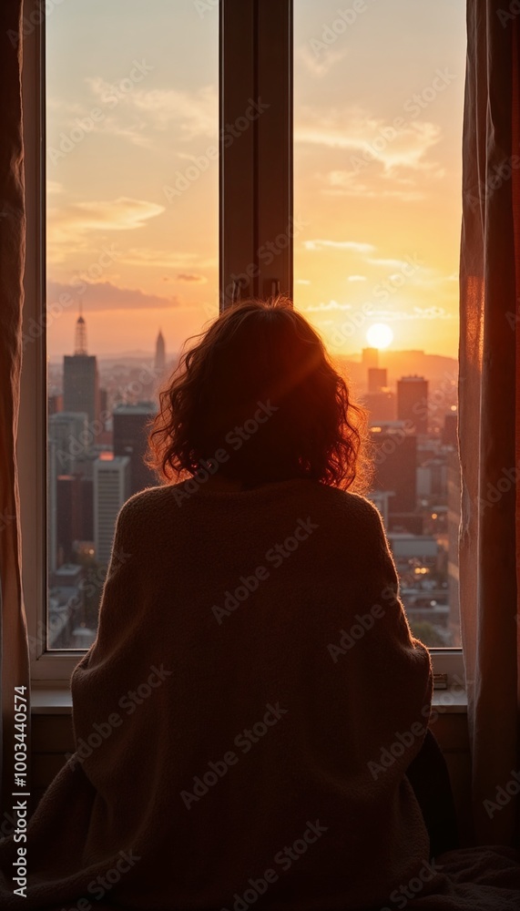 Silhouette of a woman wrapped in a blanket watching sunset from a high-rise window overlooking the city skyline Silhouette of a woman wrapped in a blanket watching sunset from a high-rise window overlooking the city skyline