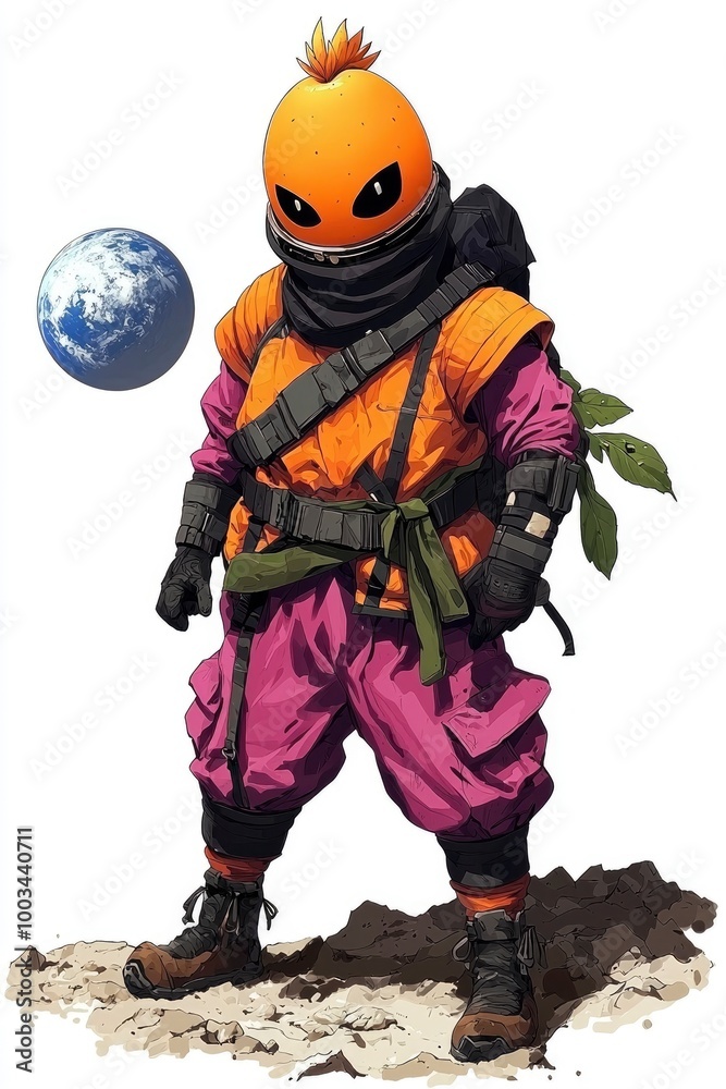 Fototapeta premium Fruit-Headed Space Explorer with Earth in the Background