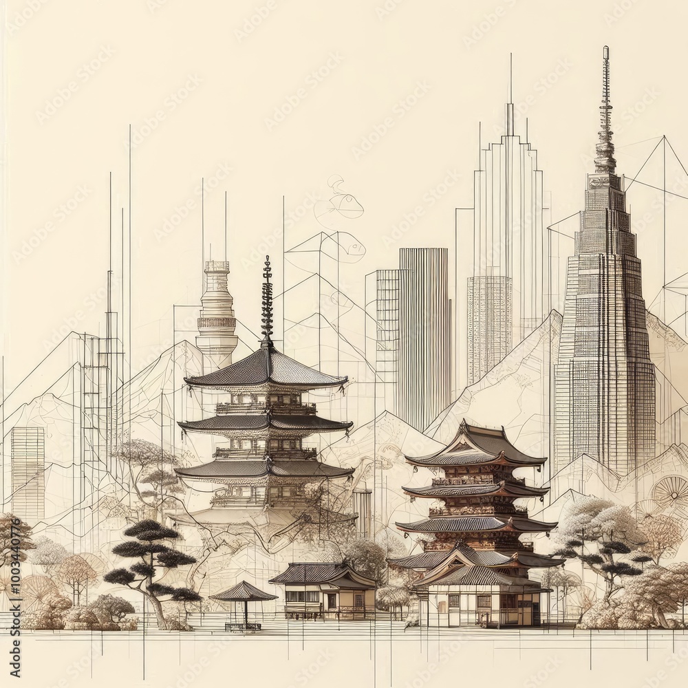 Obraz premium minimal modern and avant garde Aged Day Japan sketches on a white background, 16:9. 3D Rendering.