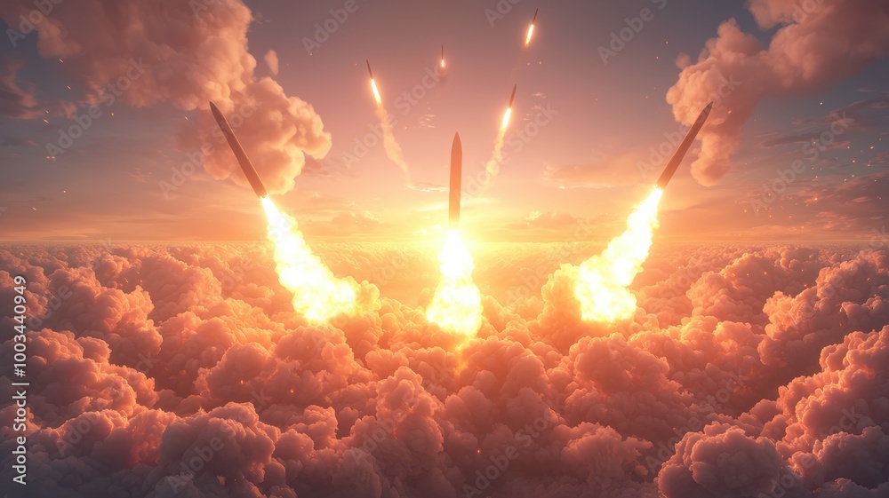 Fototapeta premium Dramatic scene of rockets launching through vibrant clouds at sunset, showcasing technology and power in an explosive display.