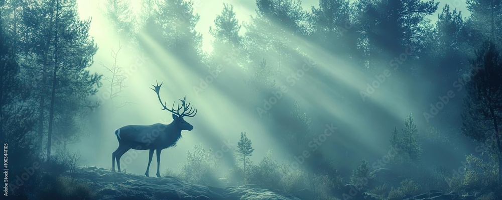 A majestic deer stands in a serene forest, illuminated by soft rays of light filtering through the trees, creating a mystical atmosphere.