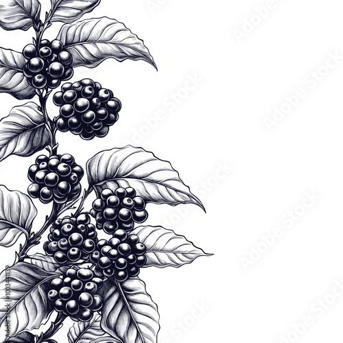 Detailed illustration of a blackberry vine with ripe berries and leaves, designed in a clean black and white style with space for text on the right