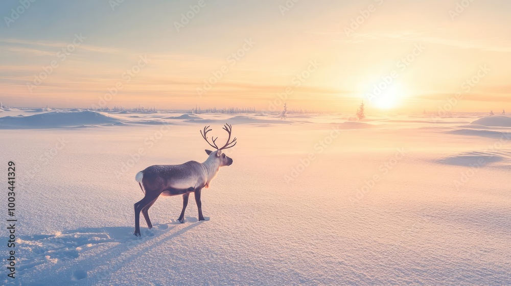 Naklejka premium A peaceful reindeer stands on a snowy landscape, bathed in the warm glow of a beautiful sunrise, creating a serene winter scene.