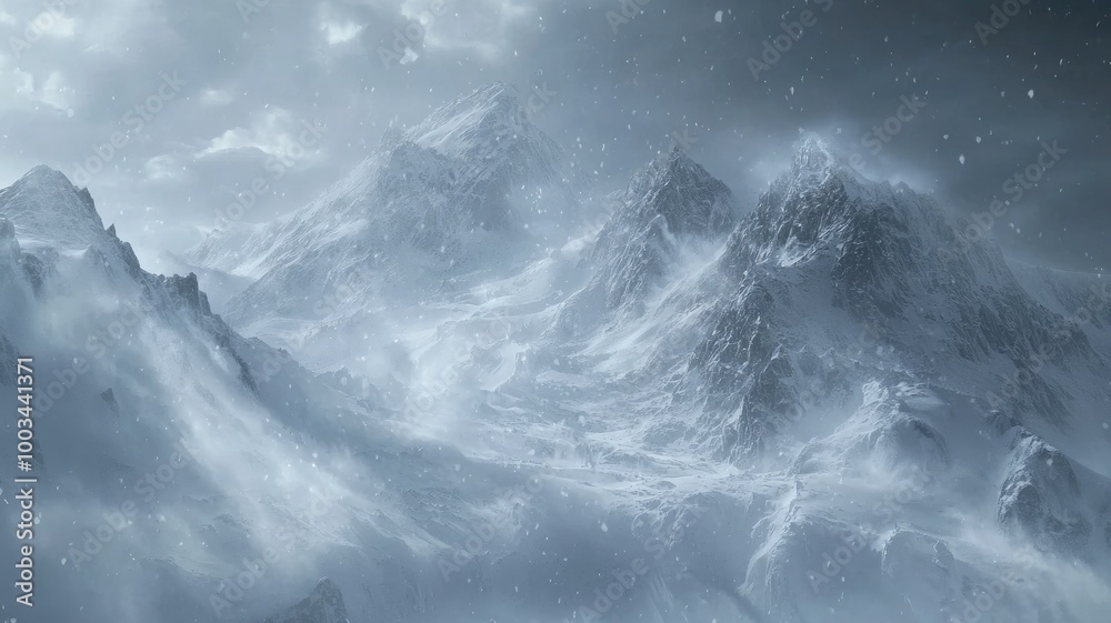Snow-Covered Mountain Peaks Under a Cloudy Sky Snow-Covered Mountain Peaks Under a Cloudy Sky