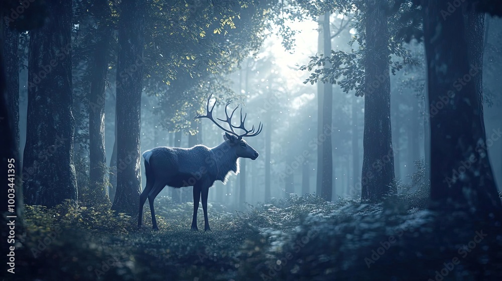 A majestic deer stands gracefully in a misty forest, surrounded by towering trees and dappled sunlight, evoking tranquility and beauty. A majestic deer stands gracefully in a misty forest, surrounded by towering trees and dappled sunlight, evoking tranquility and beauty.