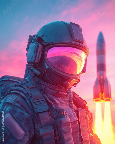 A futuristic astronaut stands in front of a rocket launch, showcasing advanced space technology against a vibrant sky.