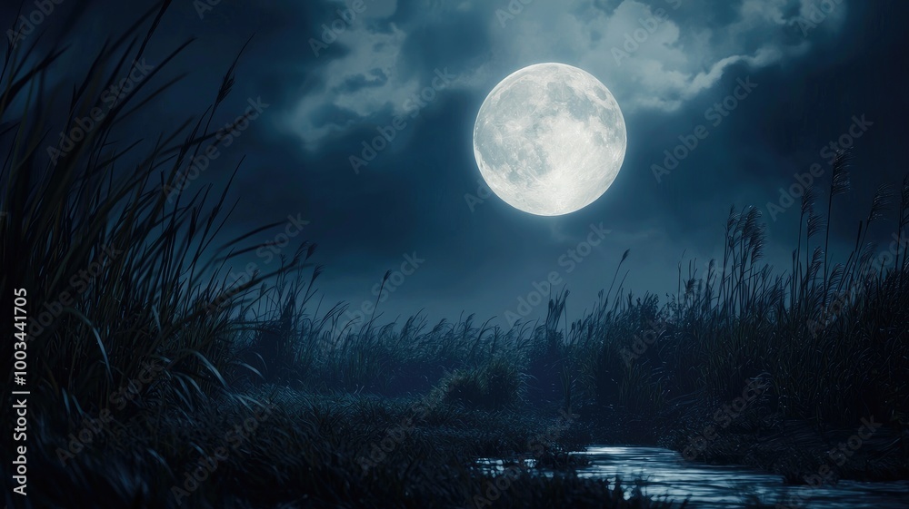 A Moonlit Stream in a Field of Tall Grass Under a Night Sky A Moonlit Stream in a Field of Tall Grass Under a Night Sky