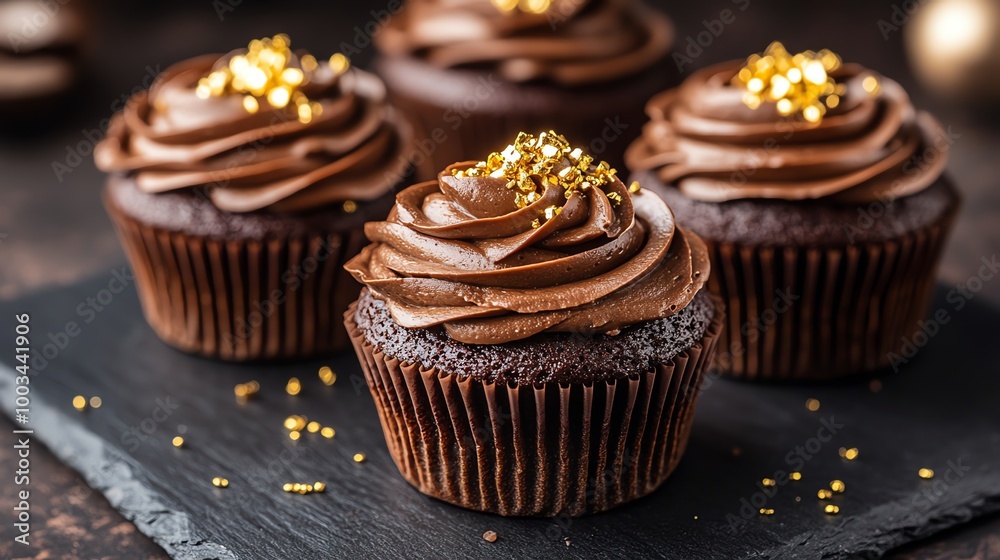 Muffins with rich chocolate frosting and edible gold flakes, luxurious presentation on a dark slate board, chocolate muffin, luxury dessert concept Muffins with rich chocolate frosting and edible gold flakes, luxurious presentation on a dark slate board, chocolate muffin, luxury dessert concept