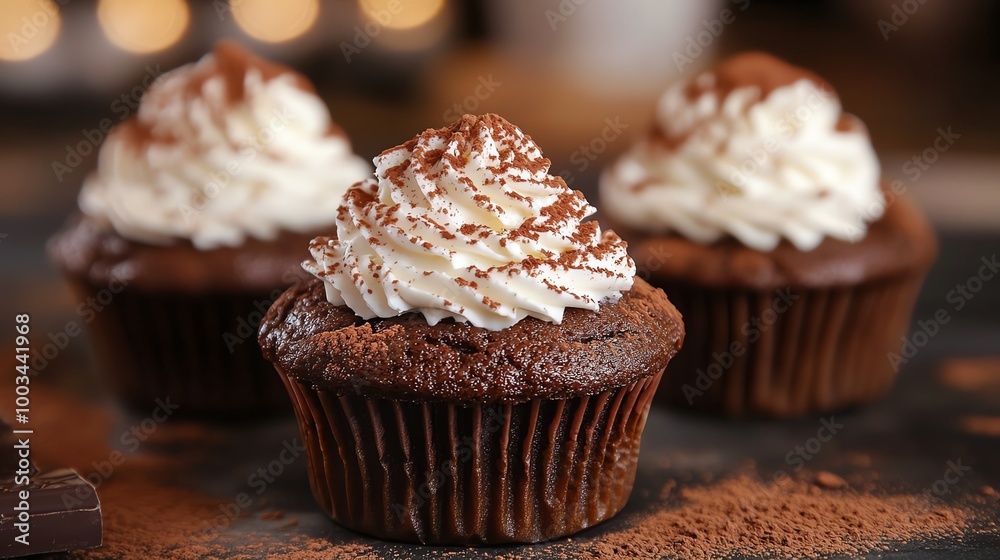Rich chocolate muffins topped with a dollop of whipped cream and a dusting of cocoa powder Rich chocolate muffins topped with a dollop of whipped cream and a dusting of cocoa powder