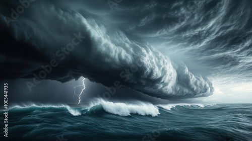 Dramatic thunderstorm with dark clouds and rough ocean waves.