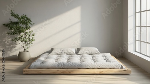 Mock up frame in an empty room with light grey walls and a minimalist Japanese-style futon bed