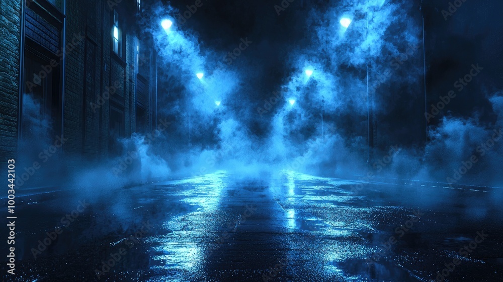 Foggy Night Street with Blue Streetlights and Wet Pavement